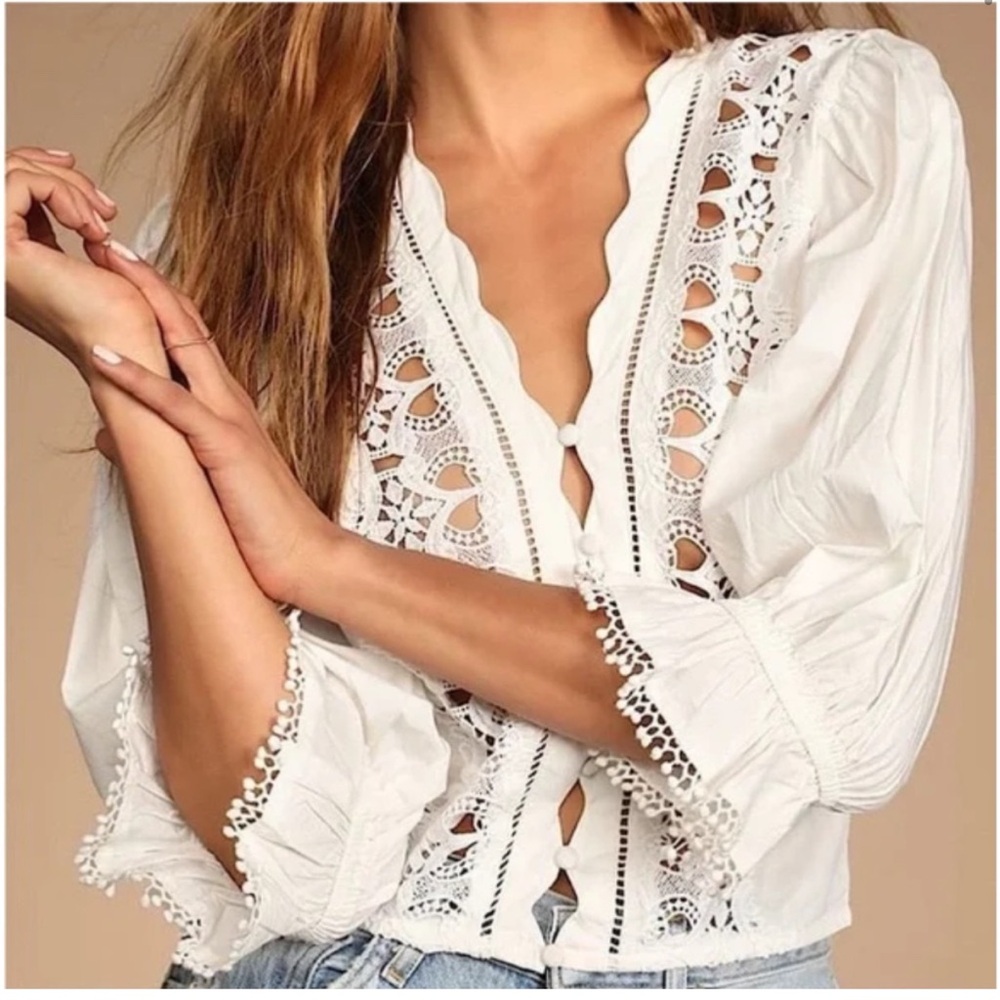 Free People White Crochet Trim Peasant Blouse